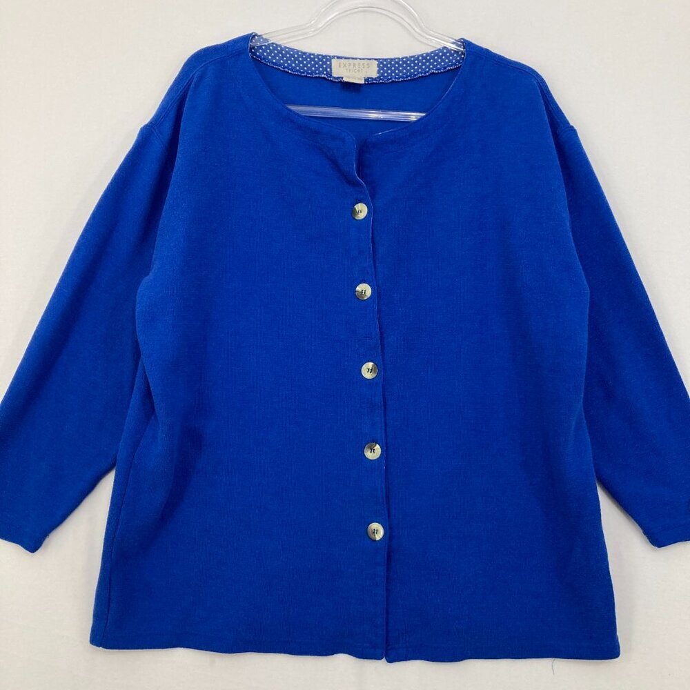 Vintage Express size Large Royal Blue V Neck 3/4 Sleeve Button Cardigan Preppy